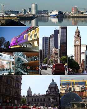 Haut : panorama urbain. Milieu : Ulster Museum, Victoria Square, Great Victoria Street et Albert Clock. Bas gauche: Belfast City Hall. Bas droit : Harland and Wolff.