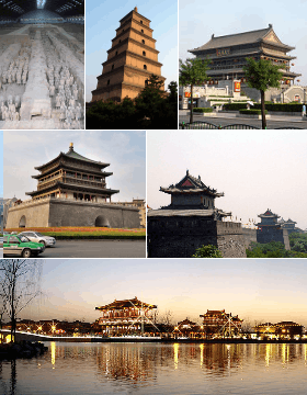 En partant du haut : mausolée de l'empereur Qin, Grande pagode de l'oie sauvage, Tour du tambour, Tour de la cloche, remparts et paradis Tang.